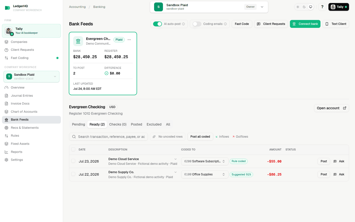 The Bank Feeds header showing the AI auto-post setting