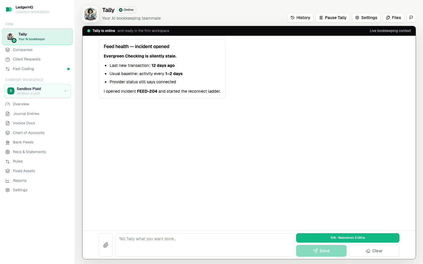 A feed health run reporting a silently stale bank connection