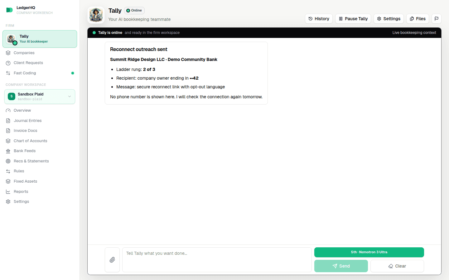 A feed health run reporting reconnect outreach sent to a company owner