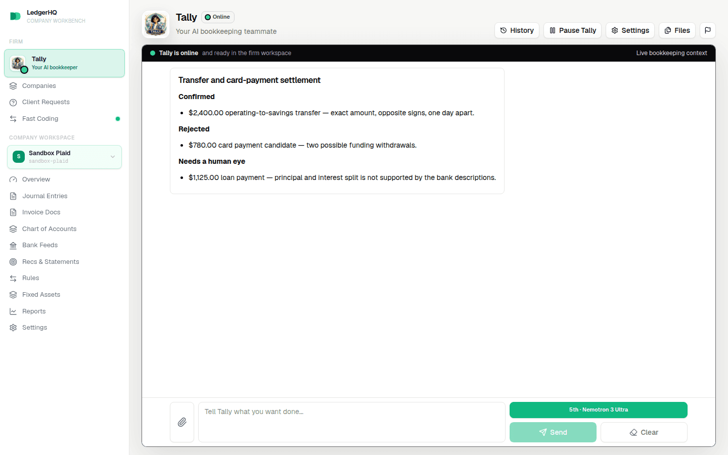A pair settlement run showing confirmed, rejected, and review verdicts