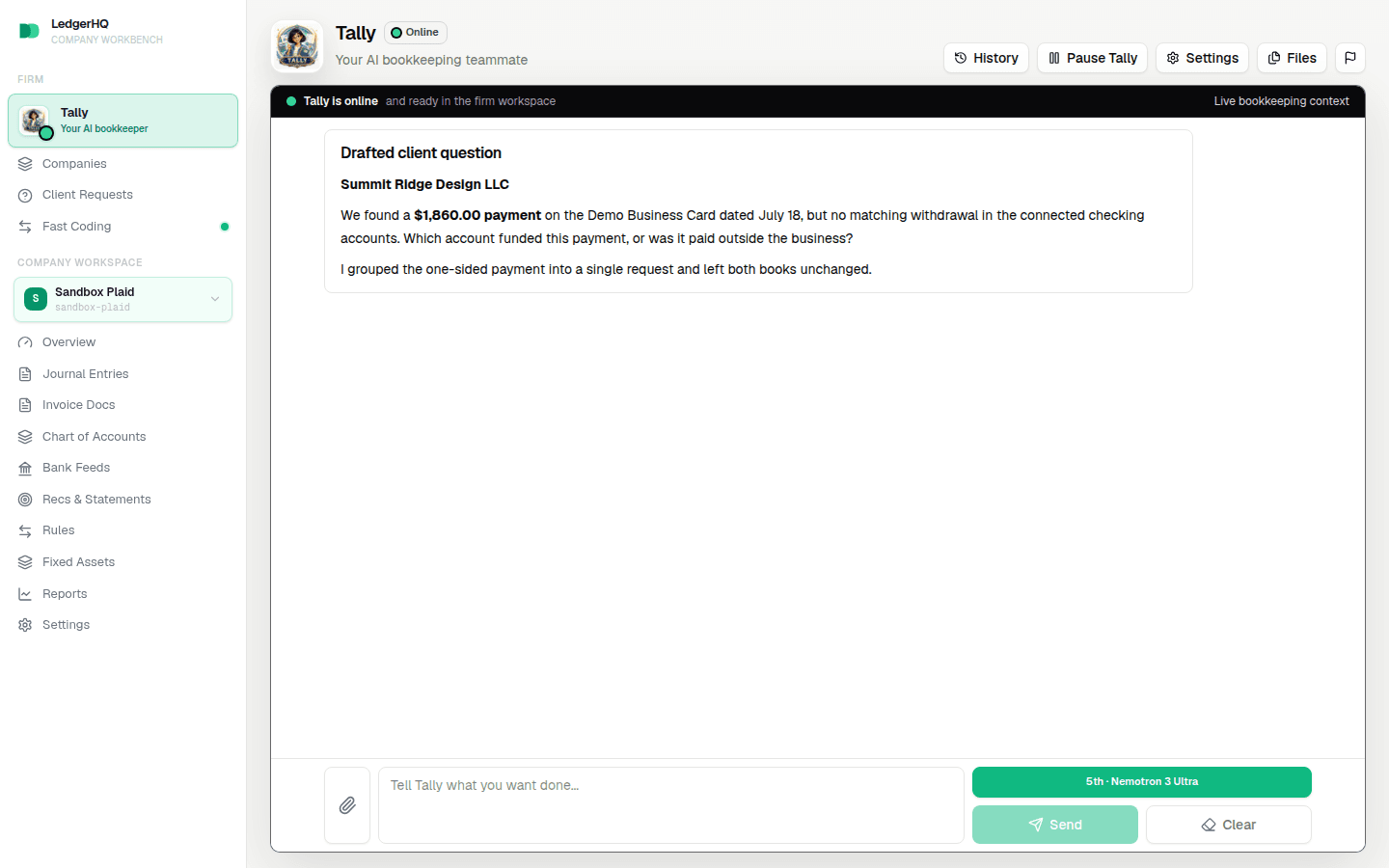 A drafted client question about a card payment with no funding side
