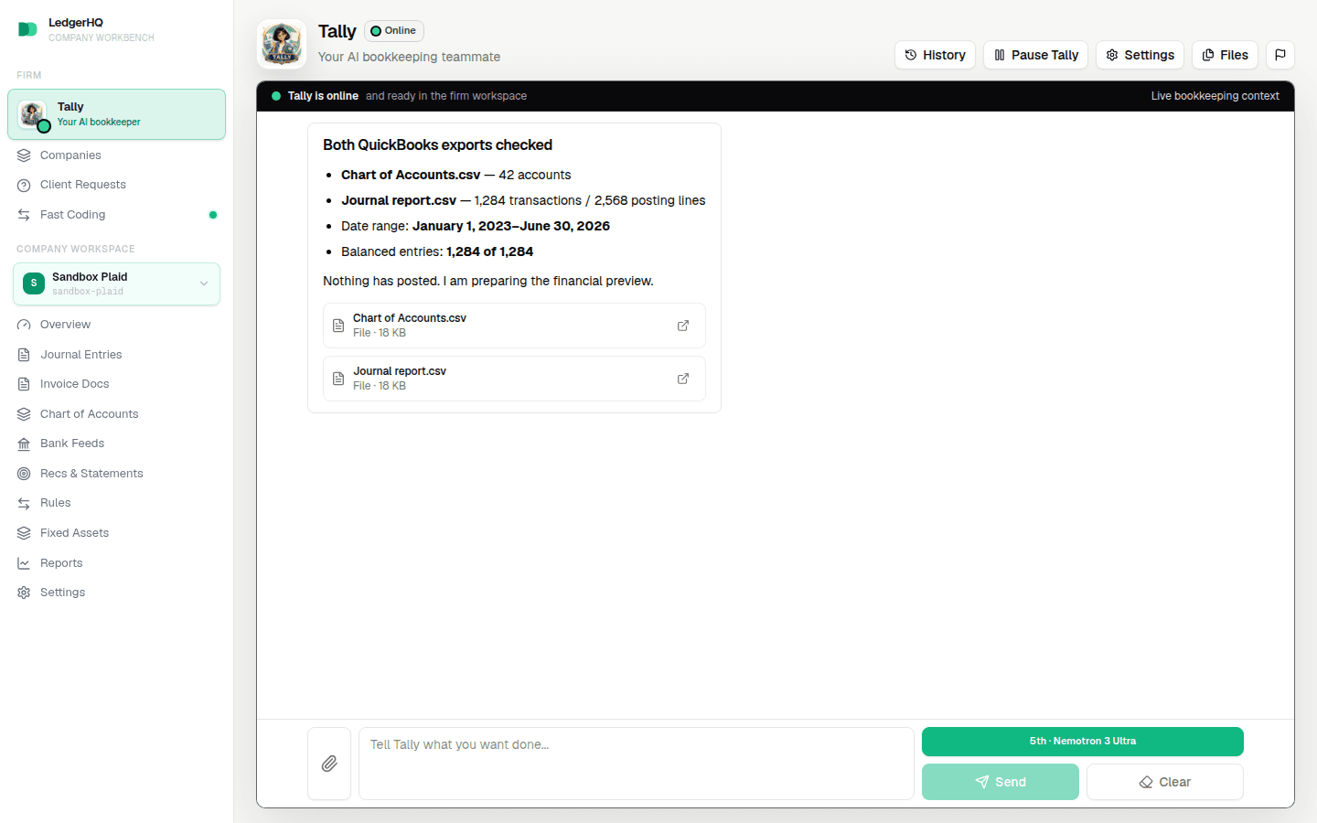 Both QuickBooks CSV exports attached with Tally's file check results