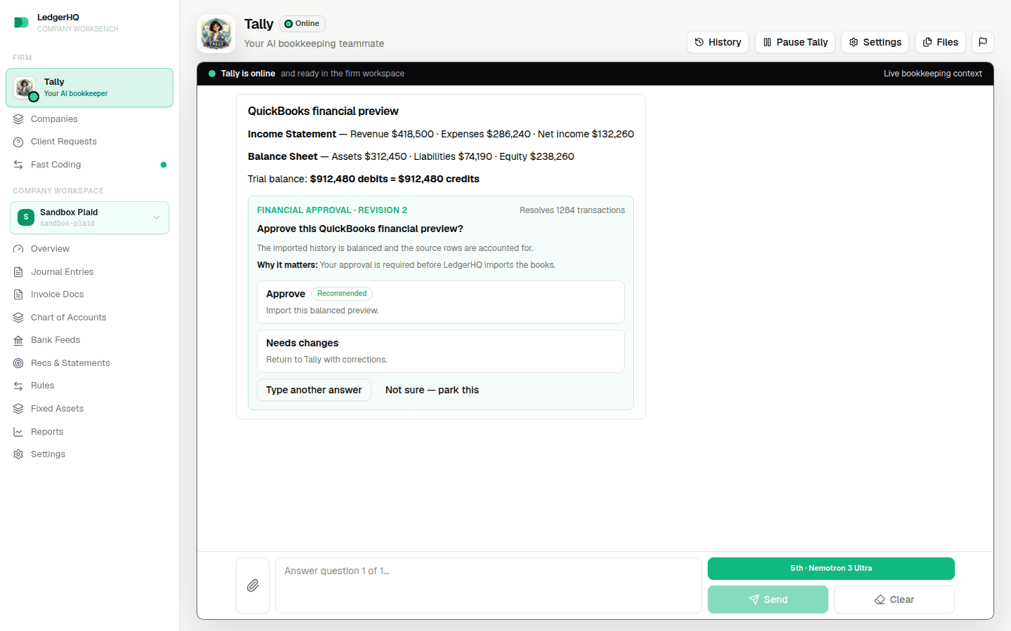 The QuickBooks import financial preview with Approve and Needs changes