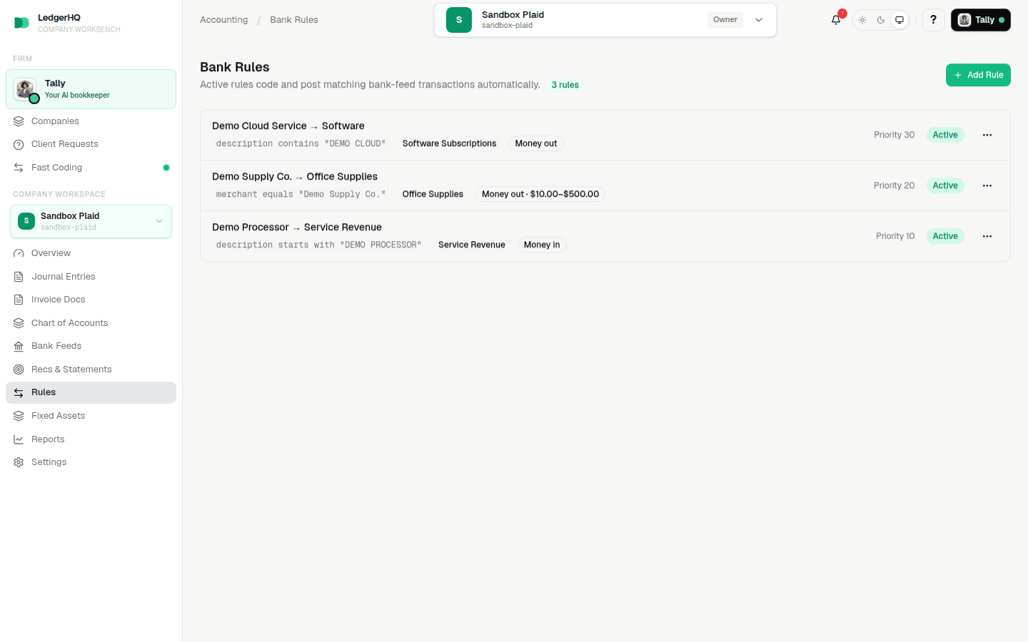 A bank rules list populated by posted transactions