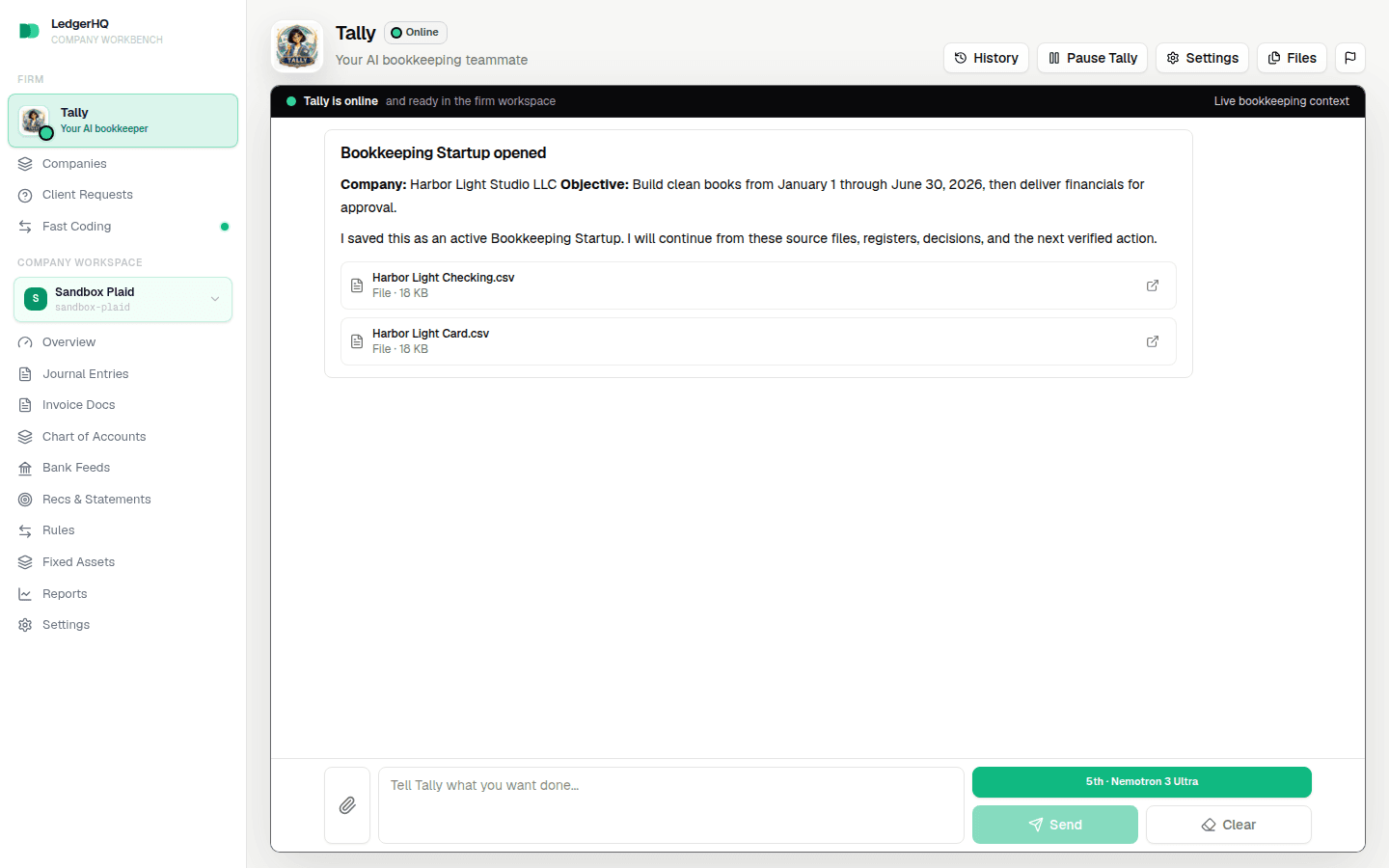 Tally beginning a bookkeeping startup with an objective and source files