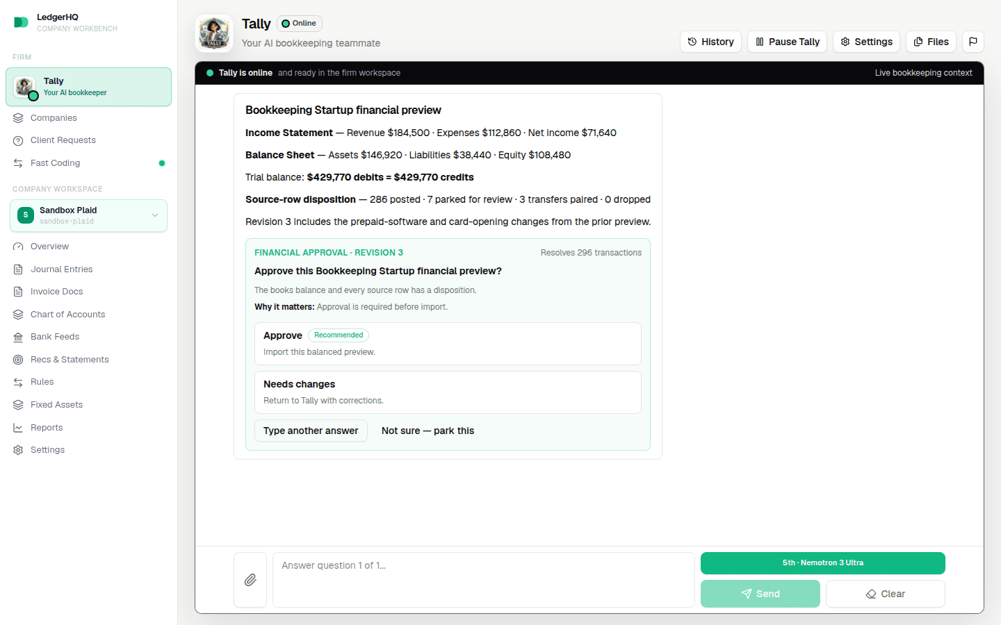 The startup financial preview with Approve and Needs changes actions