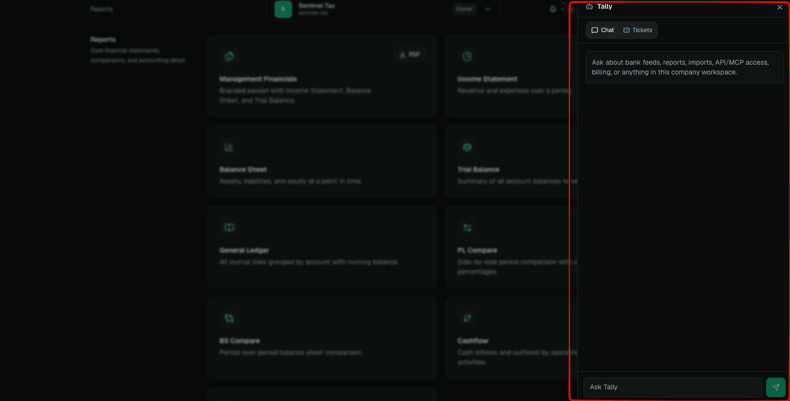 LedgerHQ Tally help drawer opened to the empty chat state