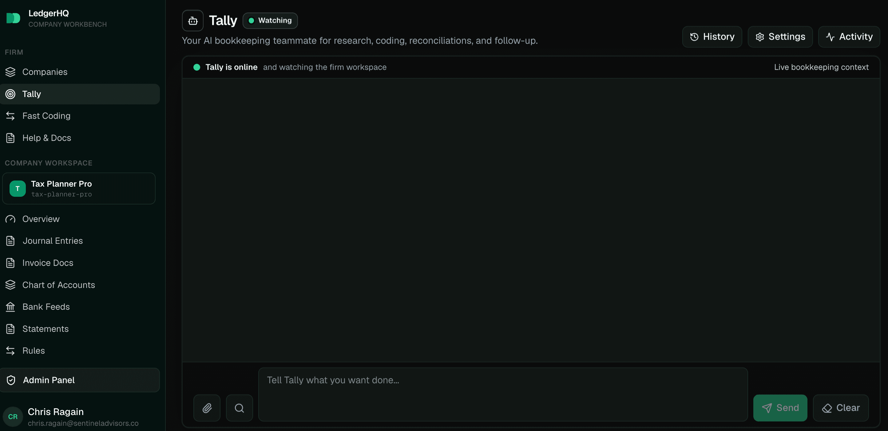 LedgerHQ full-page Tally workspace with the main composer, History, Settings, Activity, attachment, search, Send, and Clear controls visible