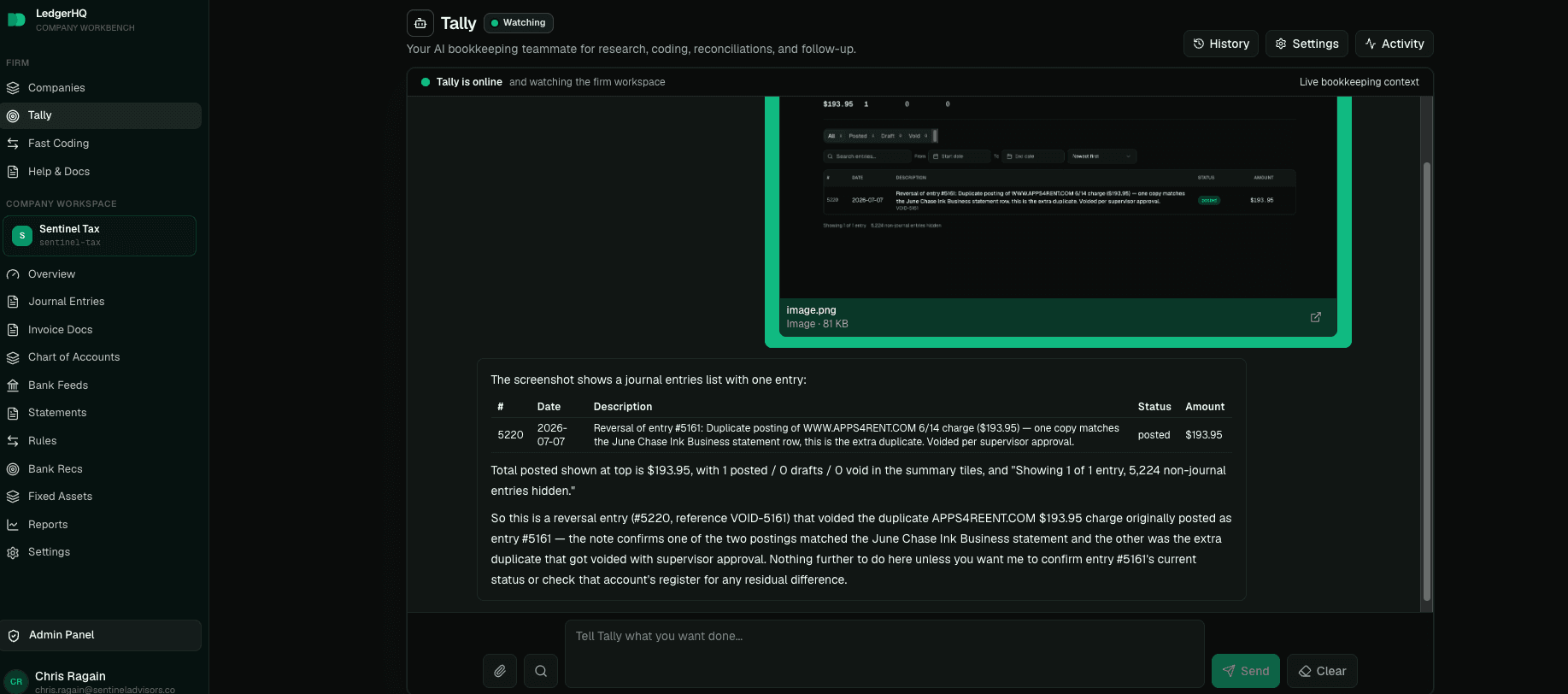 LedgerHQ Tally conversation with an attached screenshot preview and Tally response summarizing the evidence