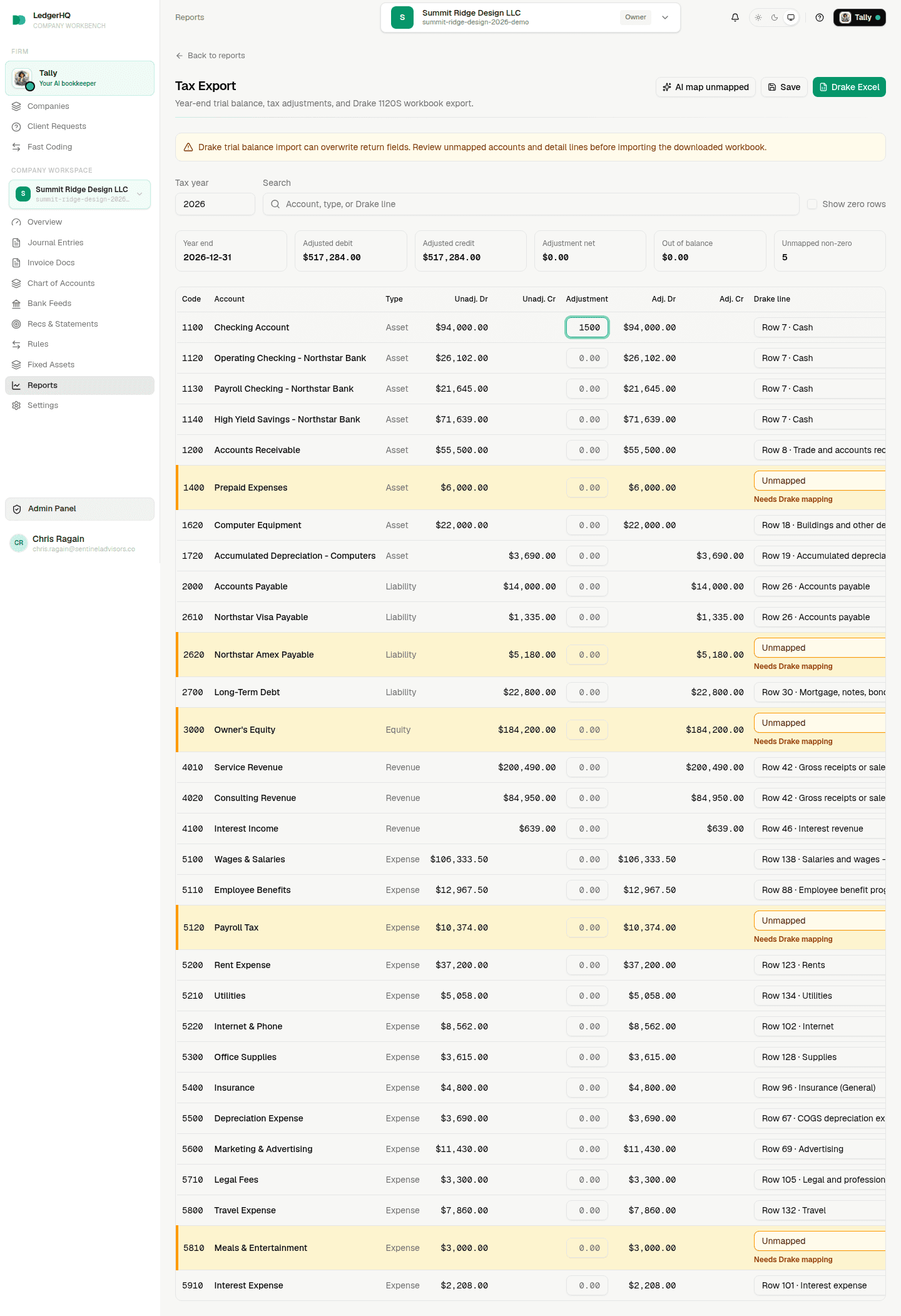 LedgerHQ Tax Export row with an adjustment entered, adjusted debit and credit recalculated, and a note explaining the change