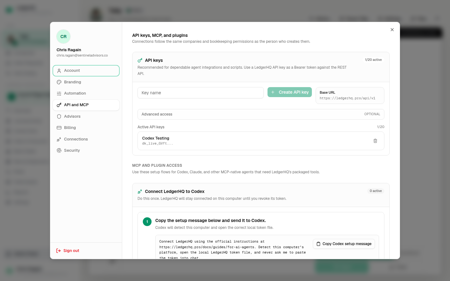 LedgerHQ settings for API keys, MCP access, and outside accounting agents