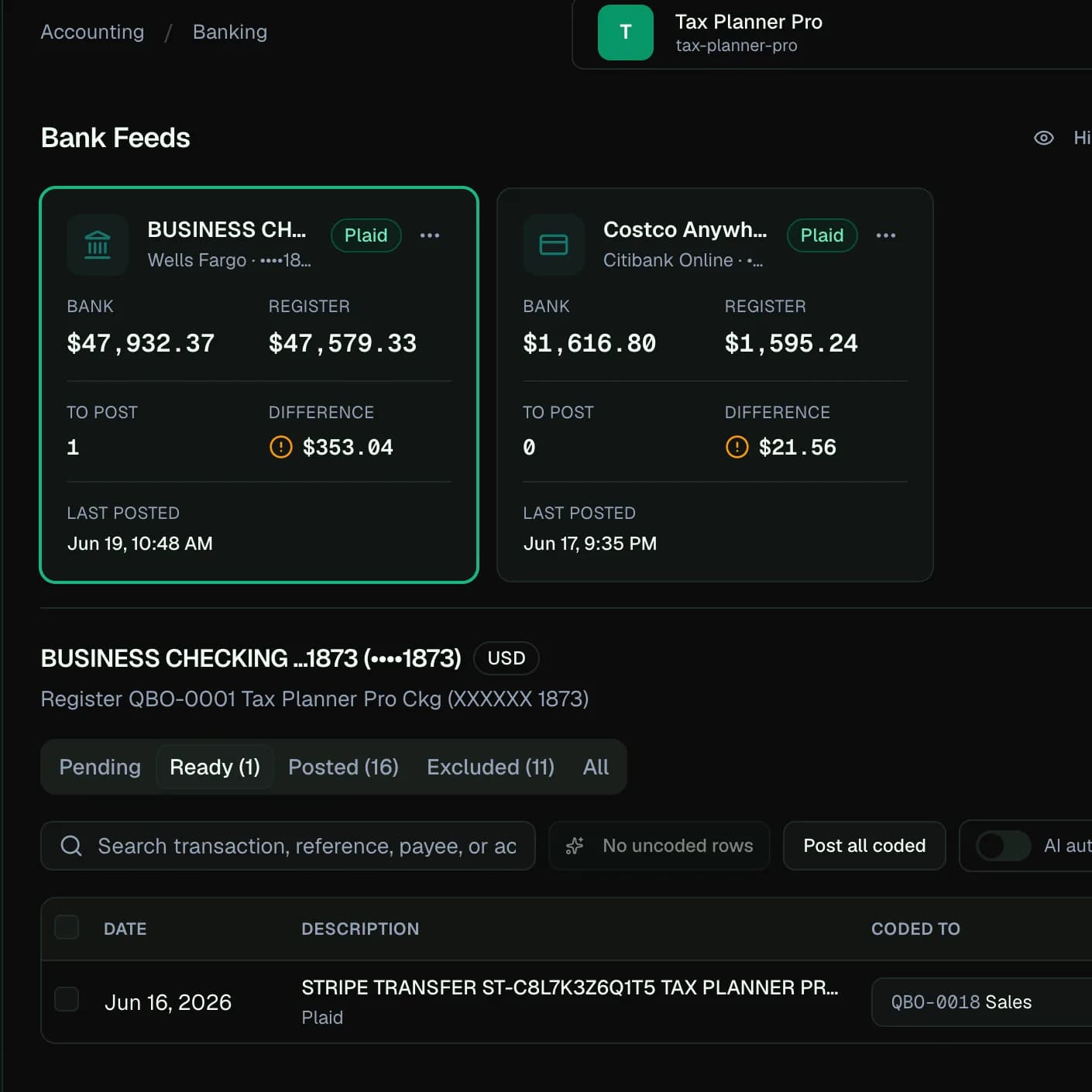 LedgerHQ Bank Feeds page with bank account cards and a ready-to-post transaction row