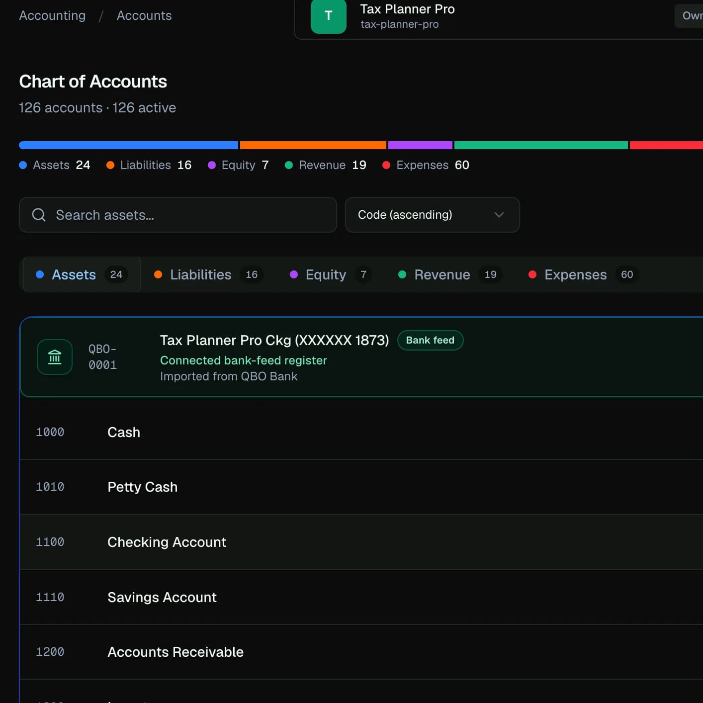 LedgerHQ Chart of Accounts page with account category counts and account rows