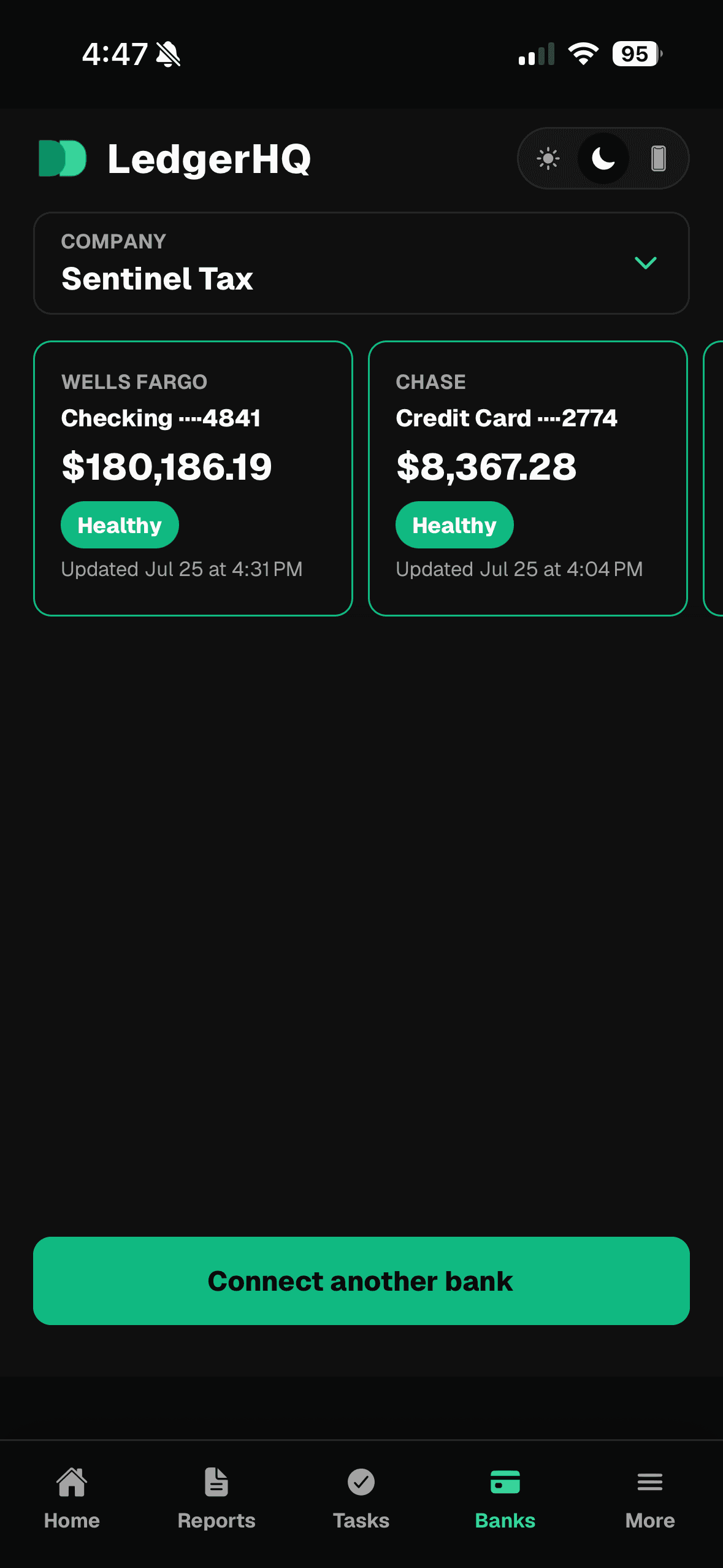 LedgerHQ mobile client view showing connected bank and credit card balances