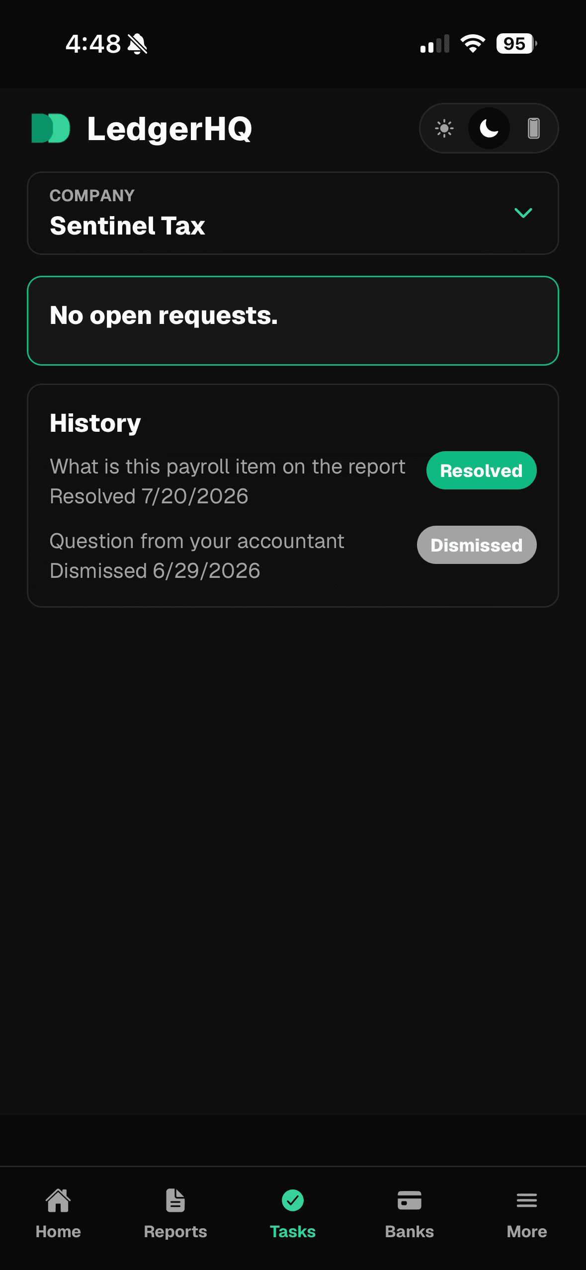 LedgerHQ mobile client view showing no open requests and resolved request history