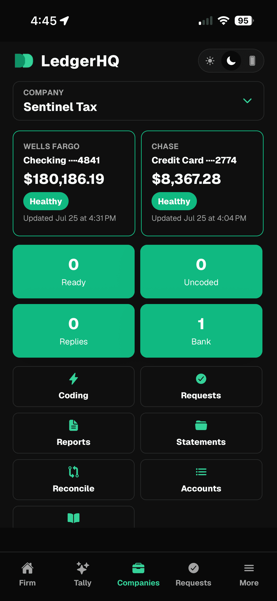 LedgerHQ mobile company workspace with bank balances, work counts, and action tiles