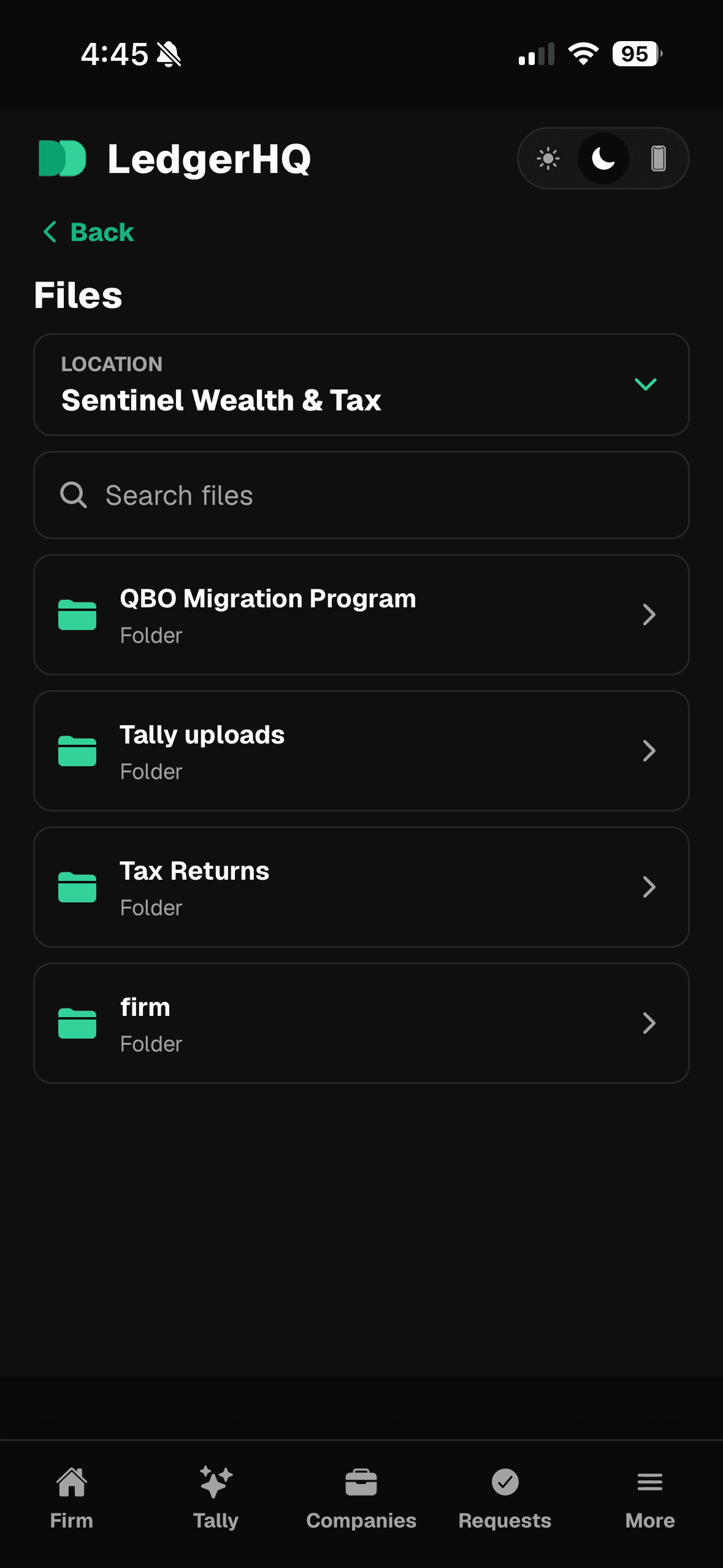 LedgerHQ mobile files browser showing firm and company folders