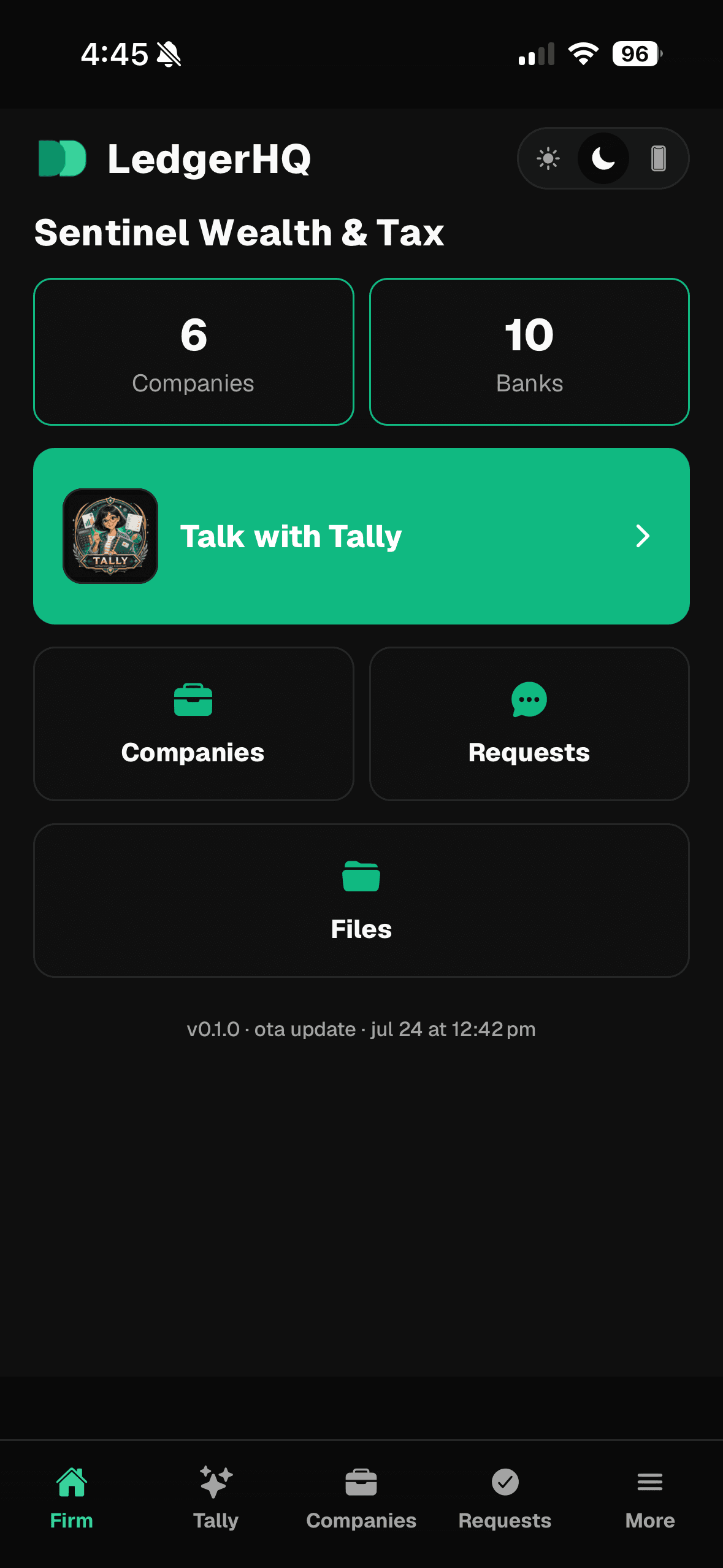 LedgerHQ mobile firm screen showing company and bank counts and a Talk with Tally button