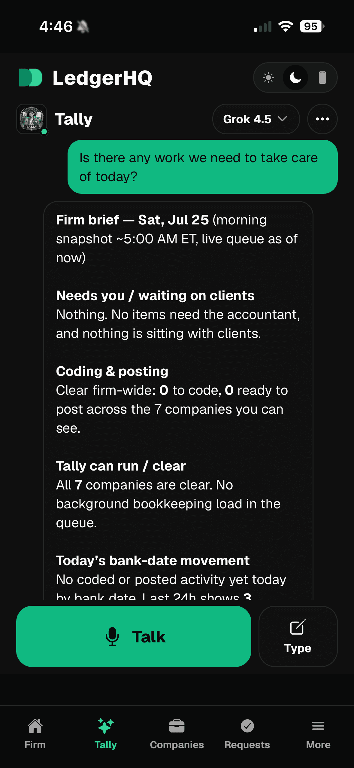 LedgerHQ mobile Tally conversation showing a firm-wide morning brief