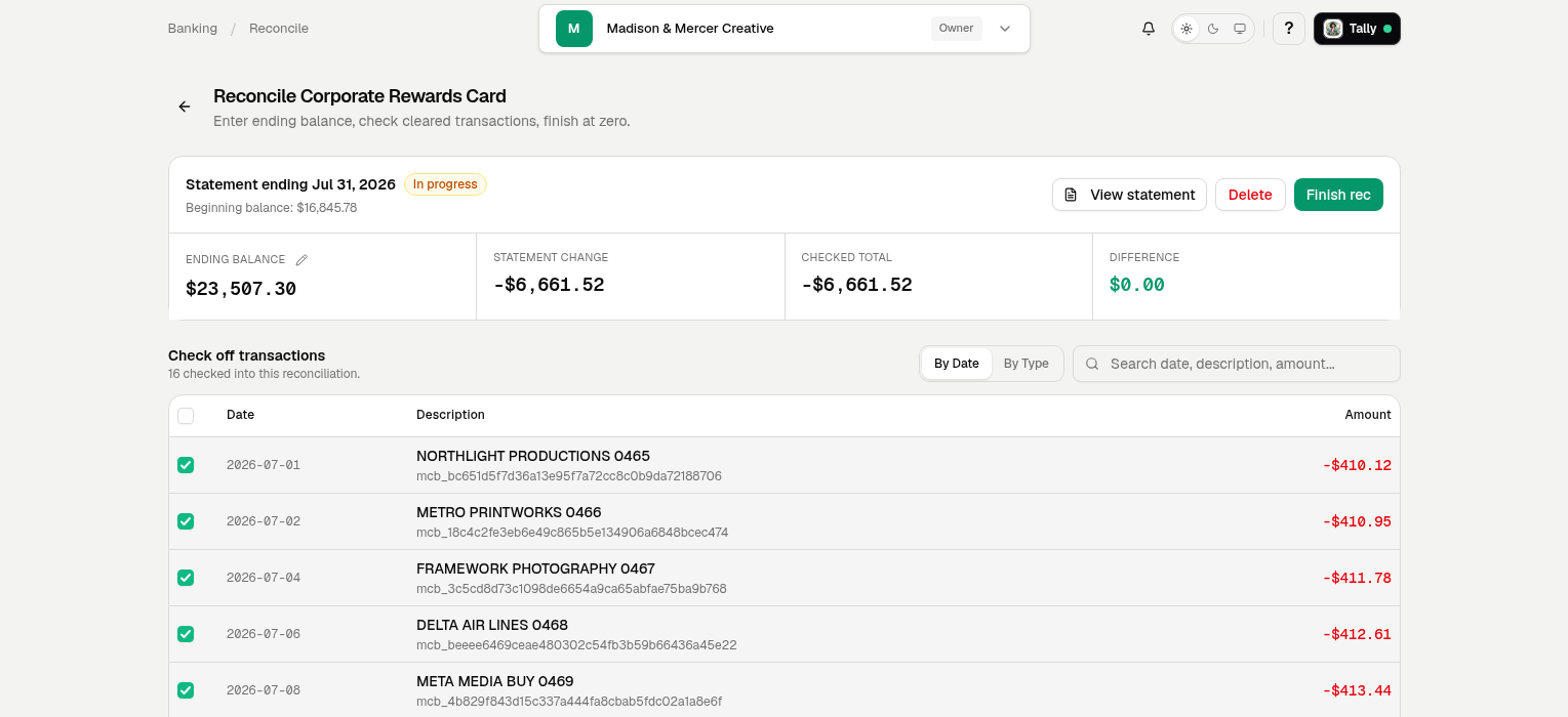 LedgerHQ bank reconciliation tied to a statement