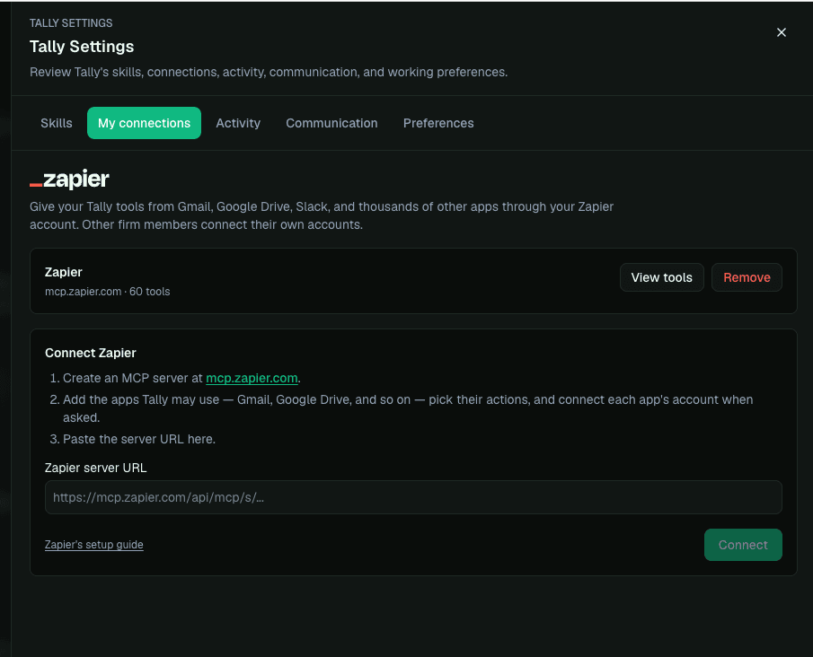 Tally Settings open to My connections, with a Zapier connection and the Connect Zapier setup steps