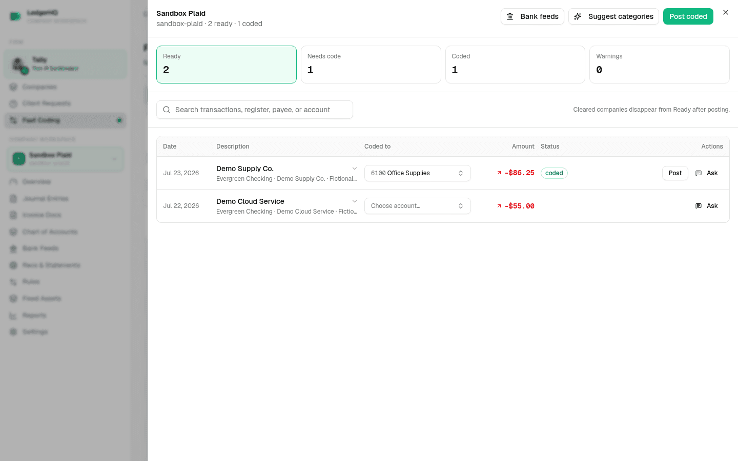 Open Fast Coding company drawer with its counts, rows, and posting controls