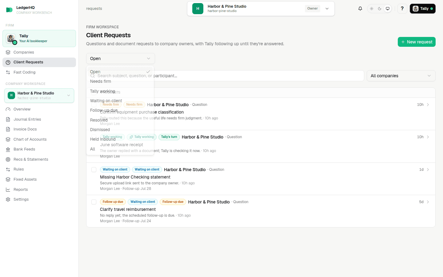 The firm Requests queue with its workflow state filters