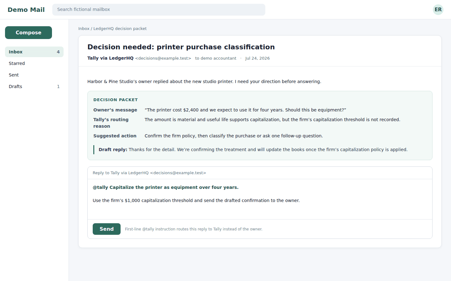 A decision packet email being answered with an @tally instruction