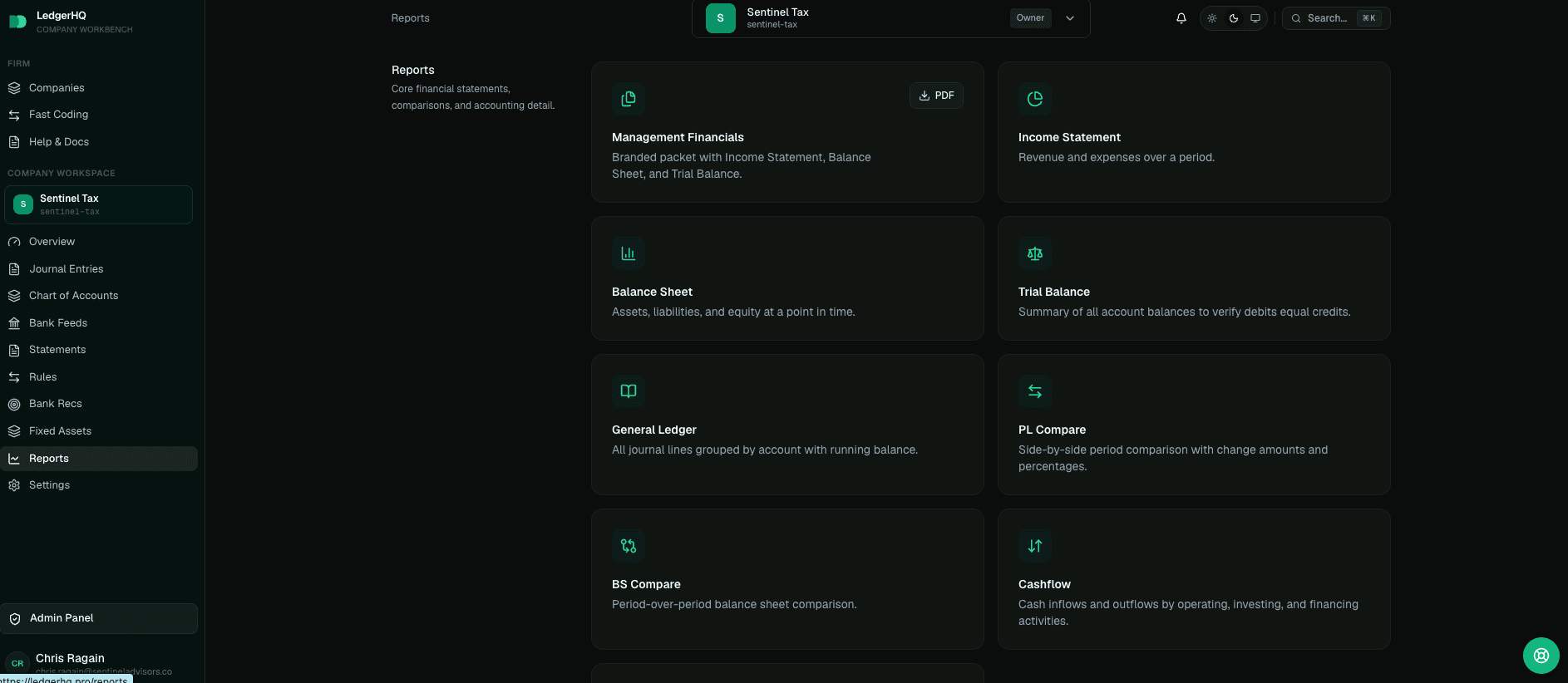LedgerHQ Reports page with the supported report cards visible