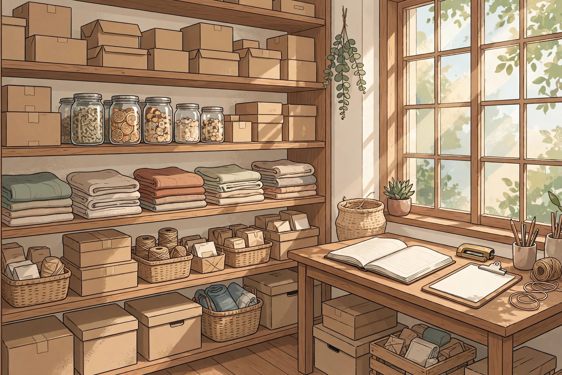 A warm illustrated storeroom for a small product business — neat wooden shelves of boxes, jars, and folded goods with a ledger and clipboard on a desk