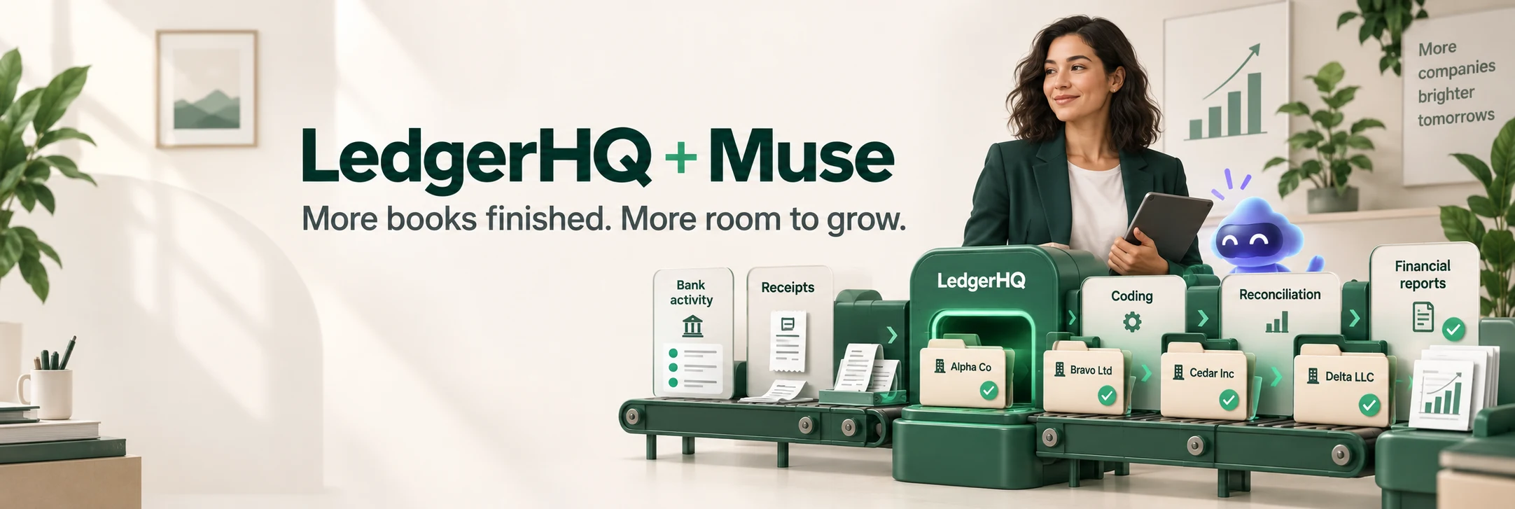 LedgerHQ and Muse moving bank activity, receipts, coding, reconciliations, and financial reports across several companies